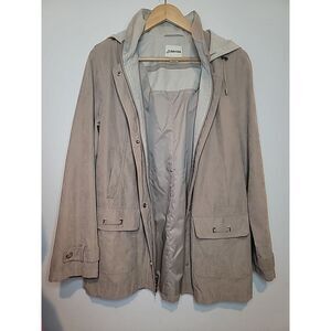 St Johns Bay Jacket Womens Large Tan Zip Up Removable Hood Faux Suede Windbreake